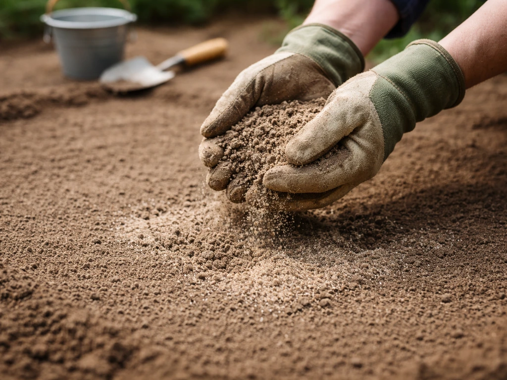 Mains tenant un mélange terre fine et sable, surface de sol finement émiettée au jardin