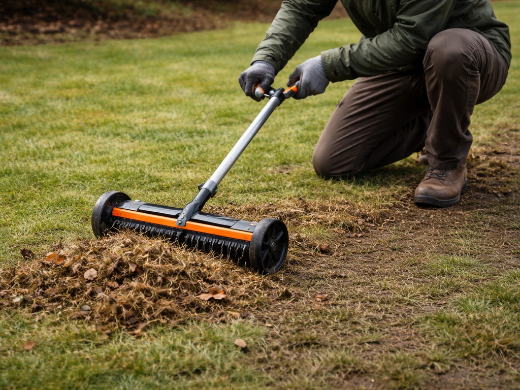 Scarification d’une pelouse : débris végétaux retirés et sol remis en état, jardinier anonyme au travail.