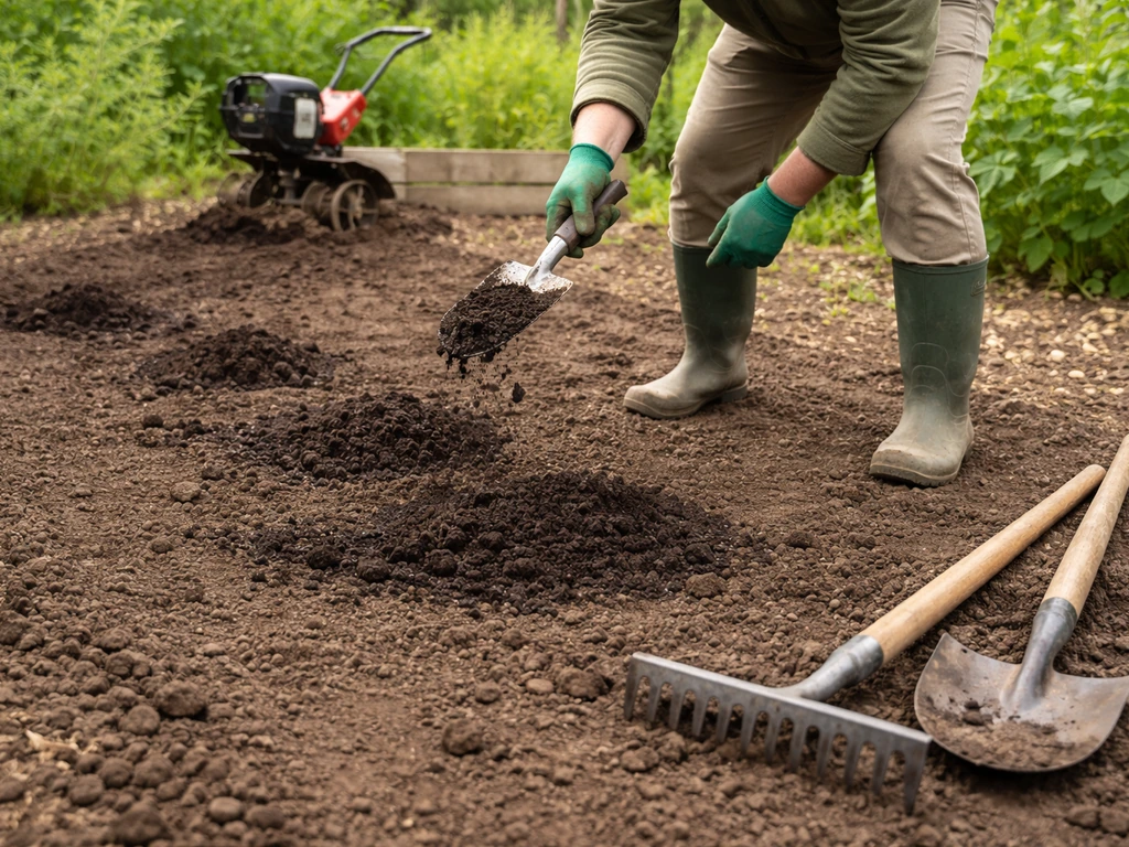 Épandage de compost mûr sur sol ameubli, puis nivellement au râteau dans un potager.
