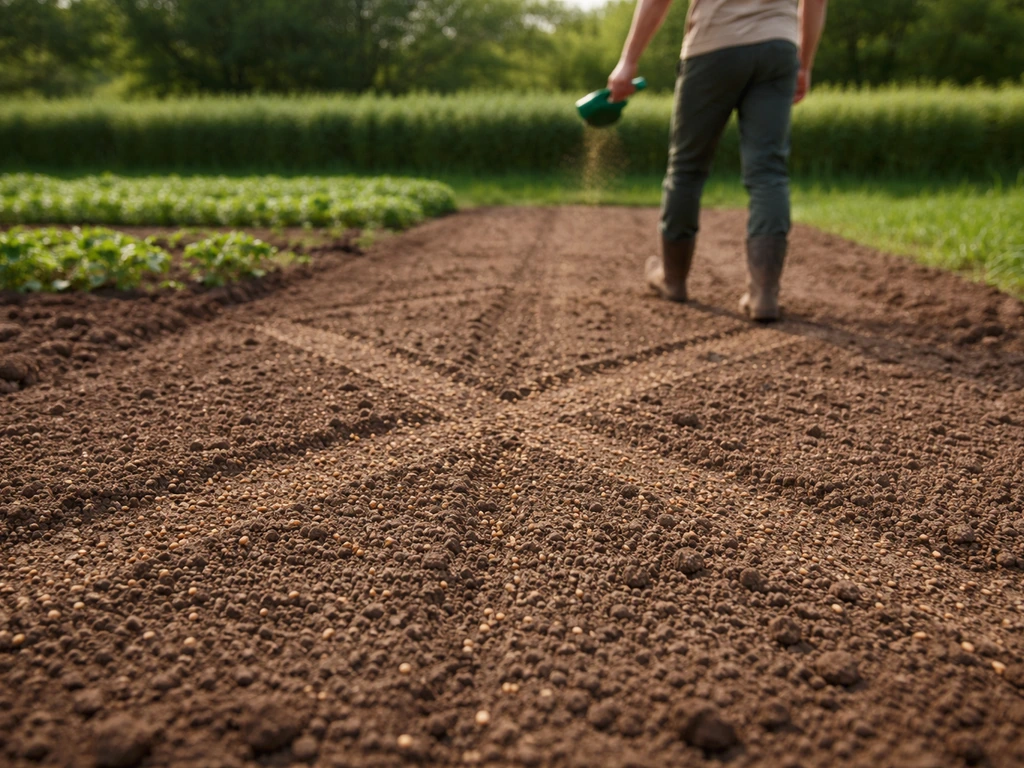 Semis de graines visibles au sol, passage en deux directions avec un épandeur, jardin minimal au jour J.