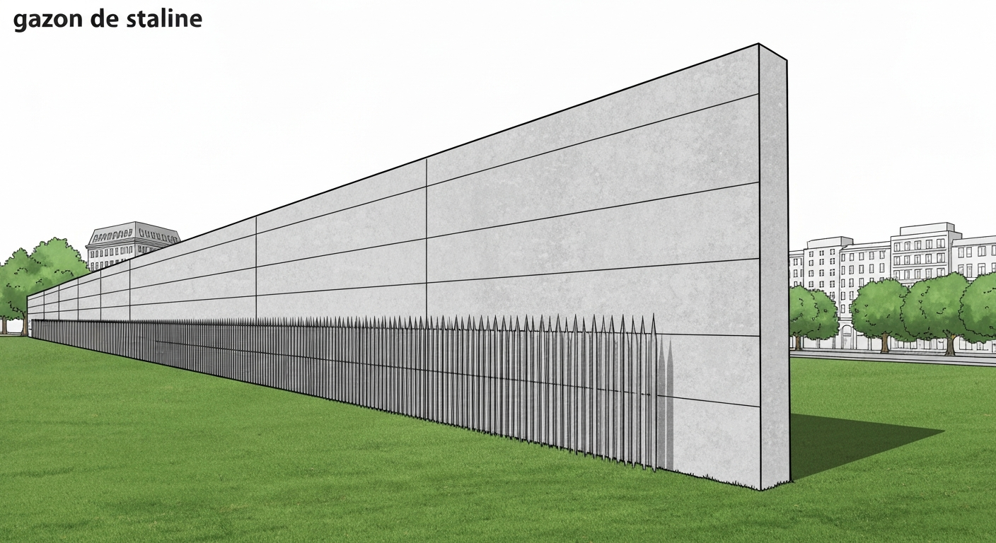 Illustration stylisée du Mur de Berlin avec obstacles métalliques pointus au pied du mur, illustrant le surnom historique « gazon de Staline ».