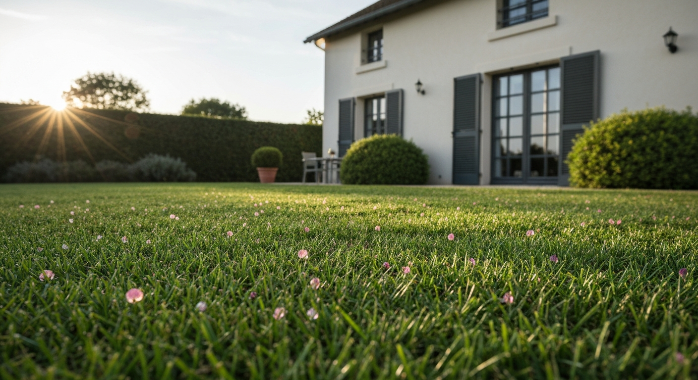 Pelouse neuve et dense devant une maison française, rosée matinale sur l'herbe