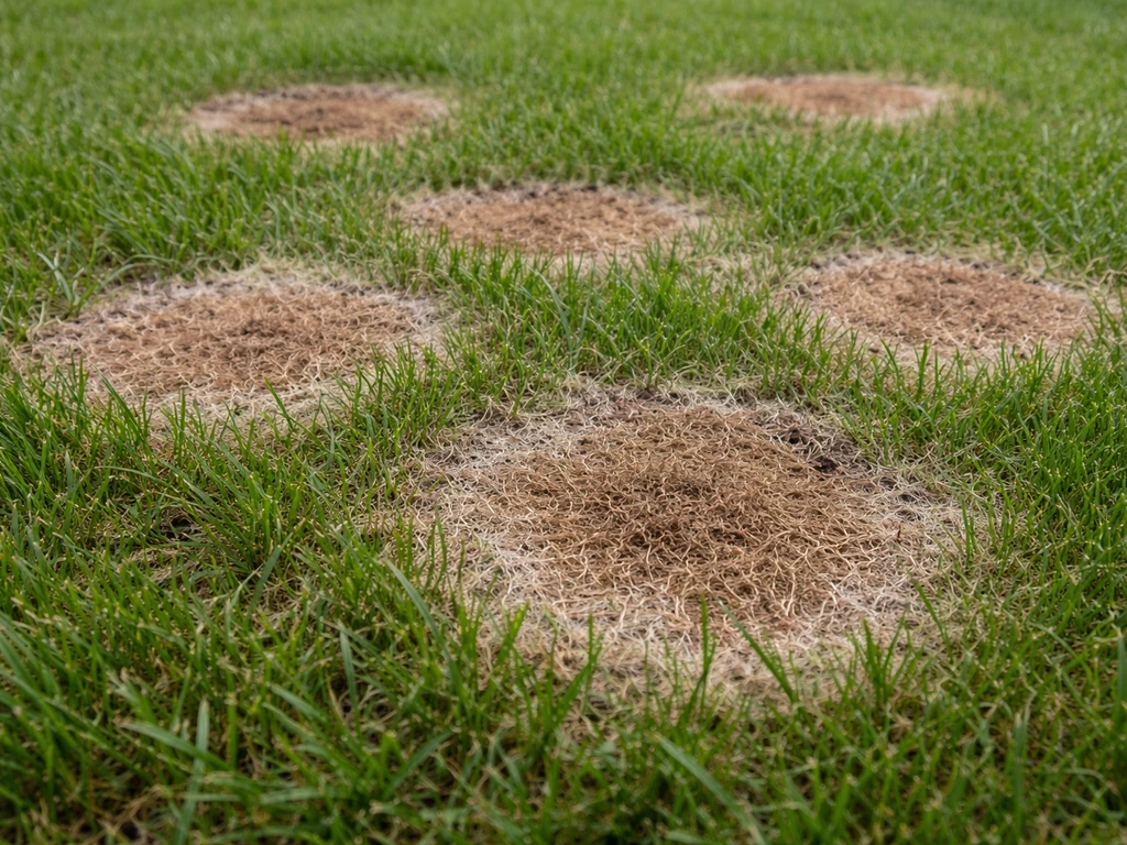 Pelouse d’été avec plusieurs taches brunes circulaires distinctes, légère trace blanchâtre évoquant la fusariose.