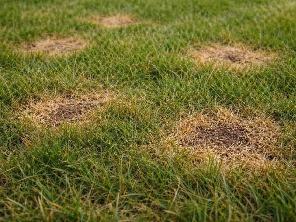 Gros plan de plaques de gazon brunes atteintes de fusariose estivale, brins verts puis jaune paille puis brun.