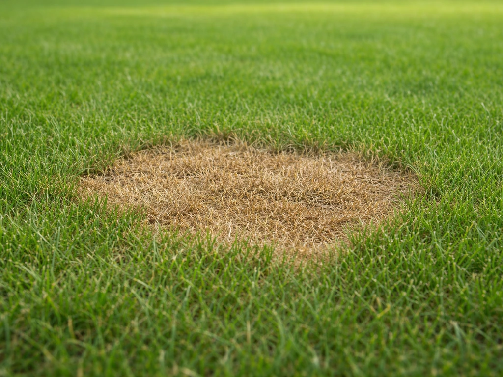 Gazon brun avec une zone en patch, vue rapprochée de bords et texture pour distinguer la maladie.