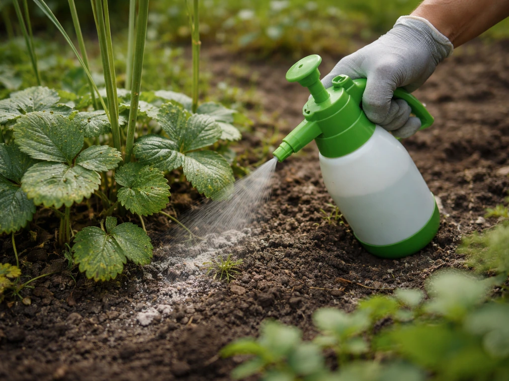 Main gantée appliquant un fongicide avec précision au pied de plantes touchées dans un jardin.