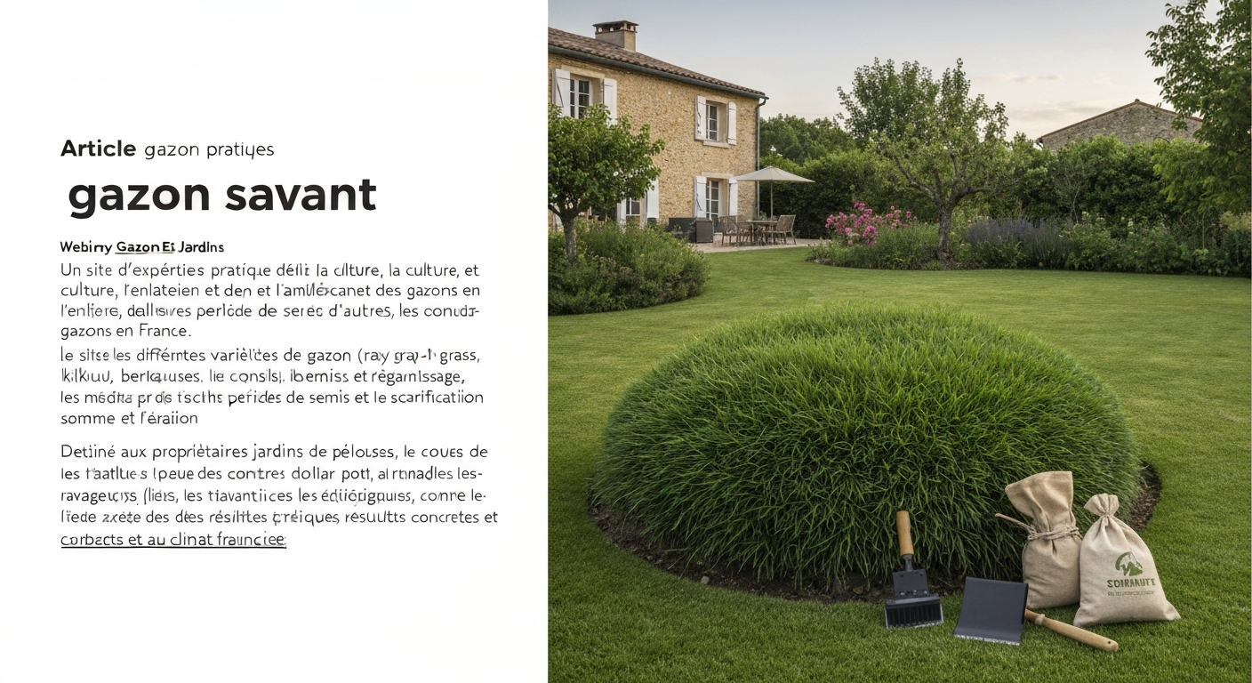 Pelouse dense et saine dans un jardin français avec outils de jardinage, illustrant le concept de « gazon savant ».