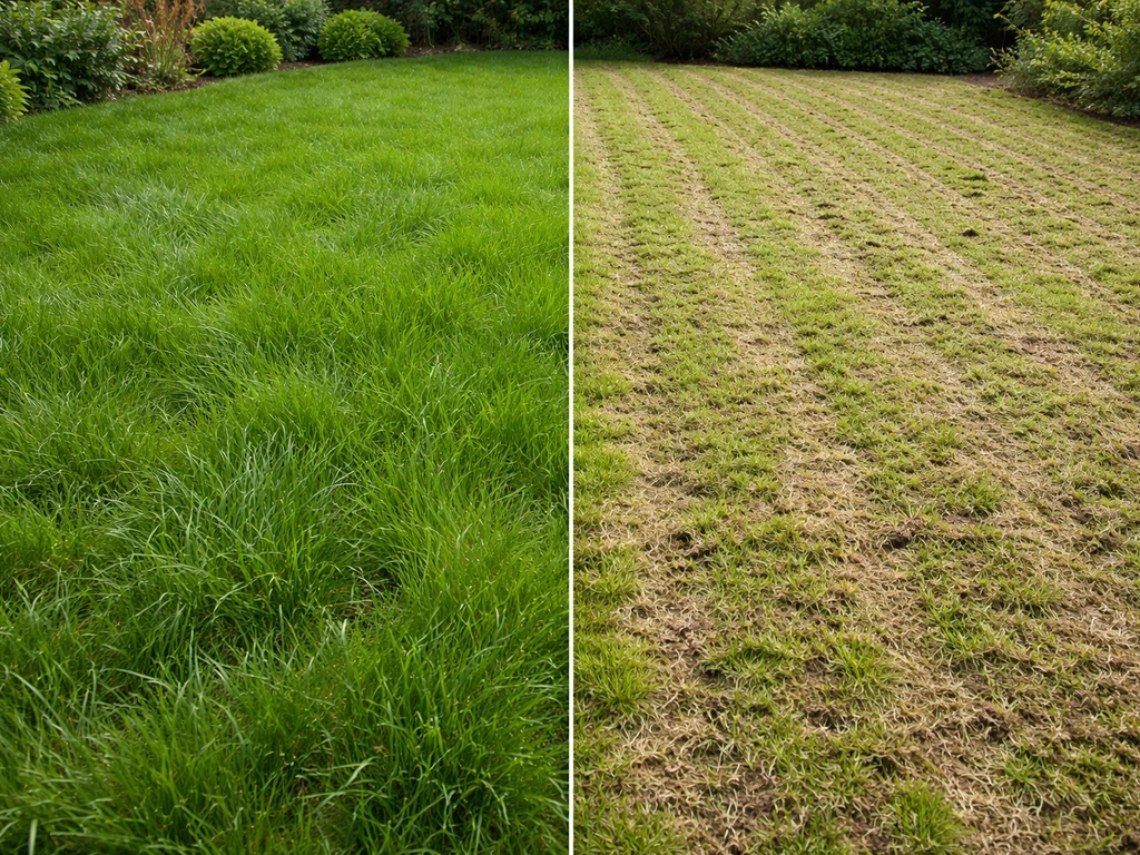 Pelouse dense avant, puis juste après scarification : sol plus ouvert et résidus de chaume visibles.