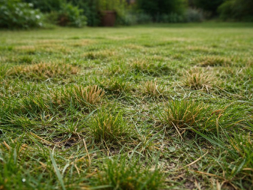Pelouse irrégulière avec zones brunes, brins abîmés et touffes après tonte sur herbe trop humide.