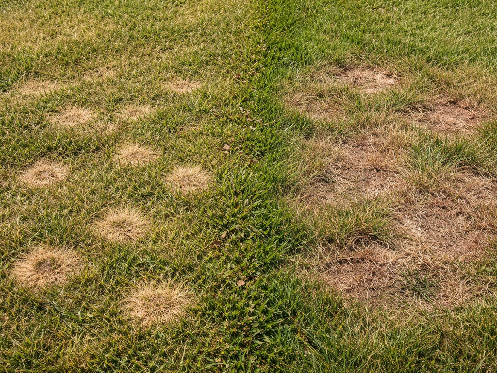 Gazon avec deux zones de taches rondes distinctes : dollar spot à gauche et fusariose à droite.