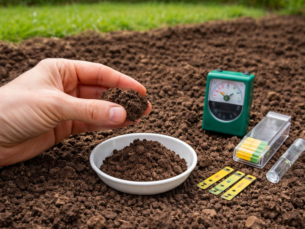 Main avec échantillon de terre et bandelettes pour tester le pH du sol au jardin.