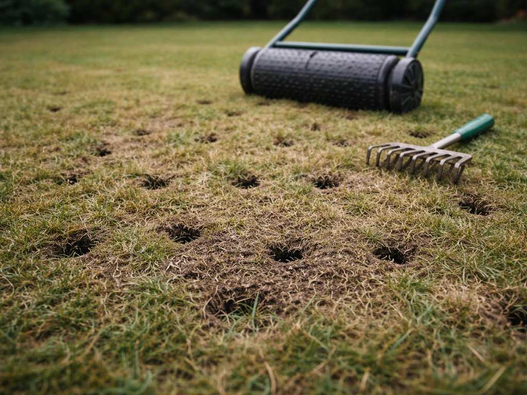 Pelouse avec feutre dense et quelques trous d’aération, outils de scarification au sol, vue rapprochée.