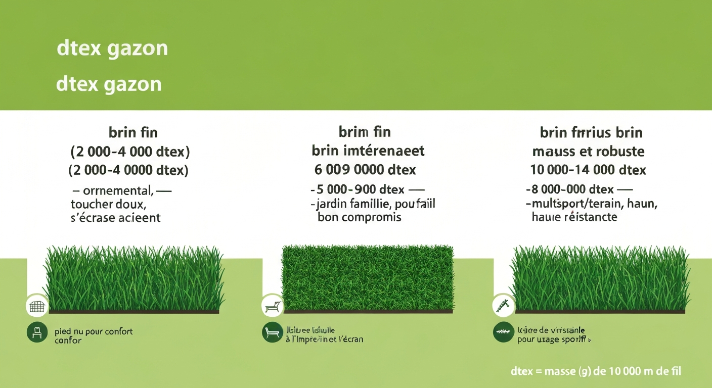 Infographie comparant trois brins de gazon synthétique (2 000–4 000, 6 000–9 000, 10 000–14 000 dtex) avec légendes et icônes explicatives.