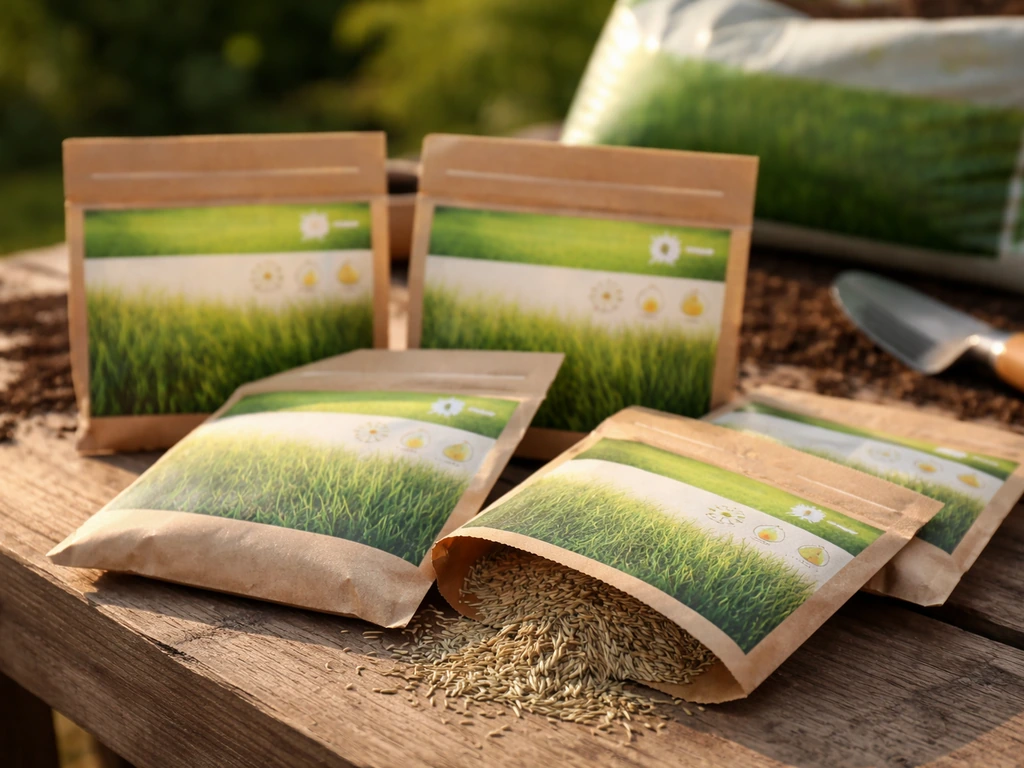 Gros plan de sachets et étiquettes de semences de gazon sur une table en bois, éclairage naturel.