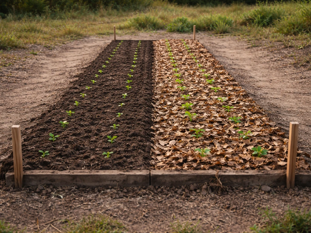 Rangées de parcelles de jardin test montrant un sol préparé et des semis en automne vs au printemps.