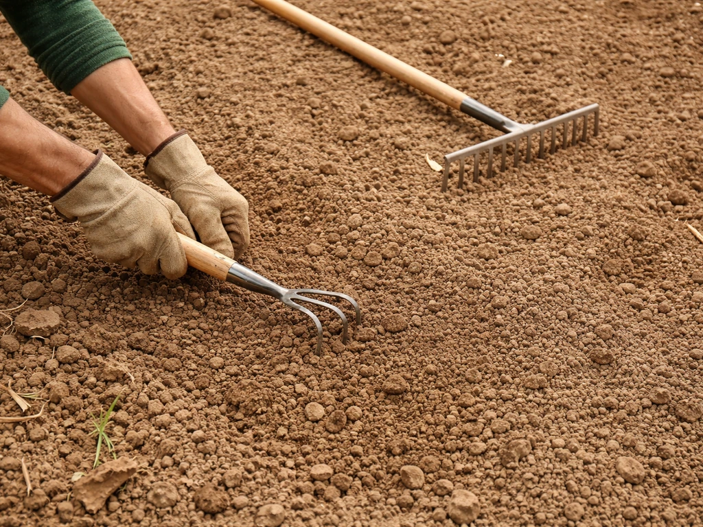 Vue de dessus d’un potager : sol scarifié et affiné par un jardinier anonyme, outils à côté.