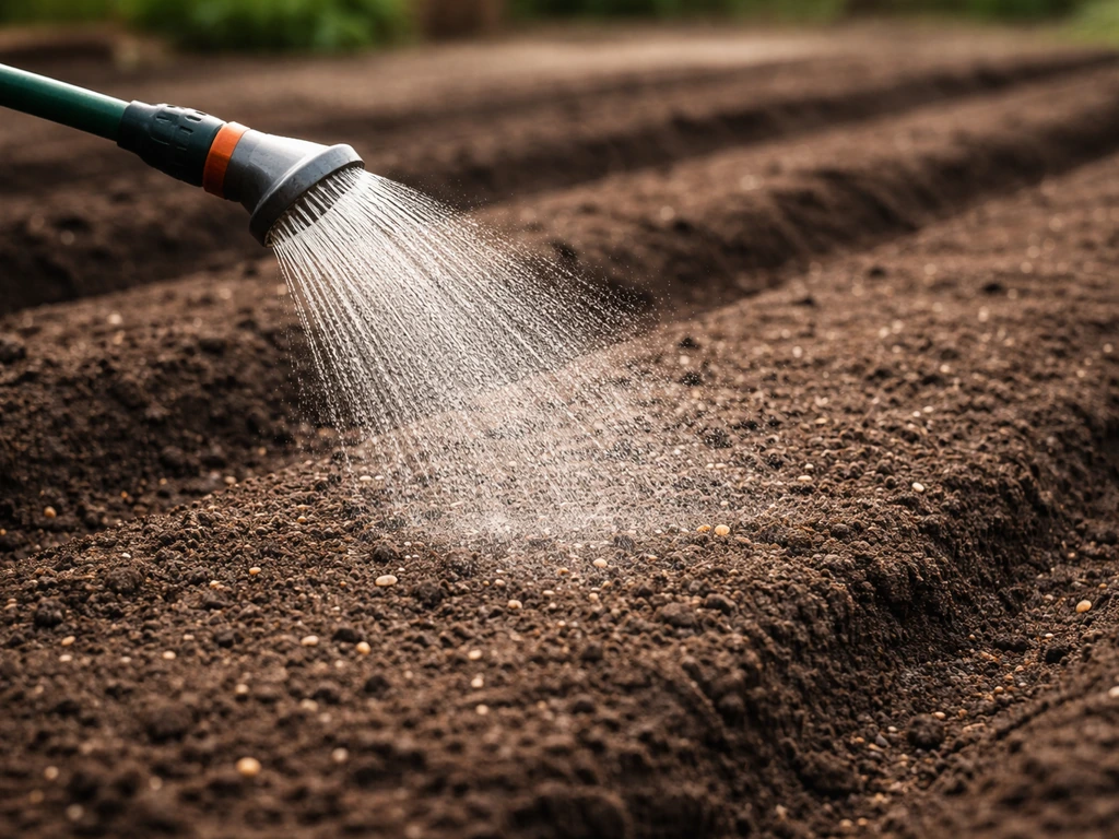 Jet fin arrosant une terre légèrement humide après le semis, avant levée, potager simple et calme.