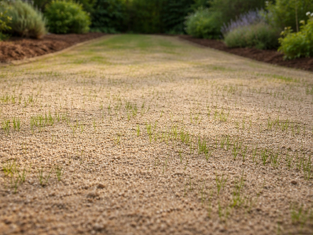 Sol sableux nivelé avec gazon semé et jeunes brins visibles au premier plan, jardin minimal, lumière naturelle.