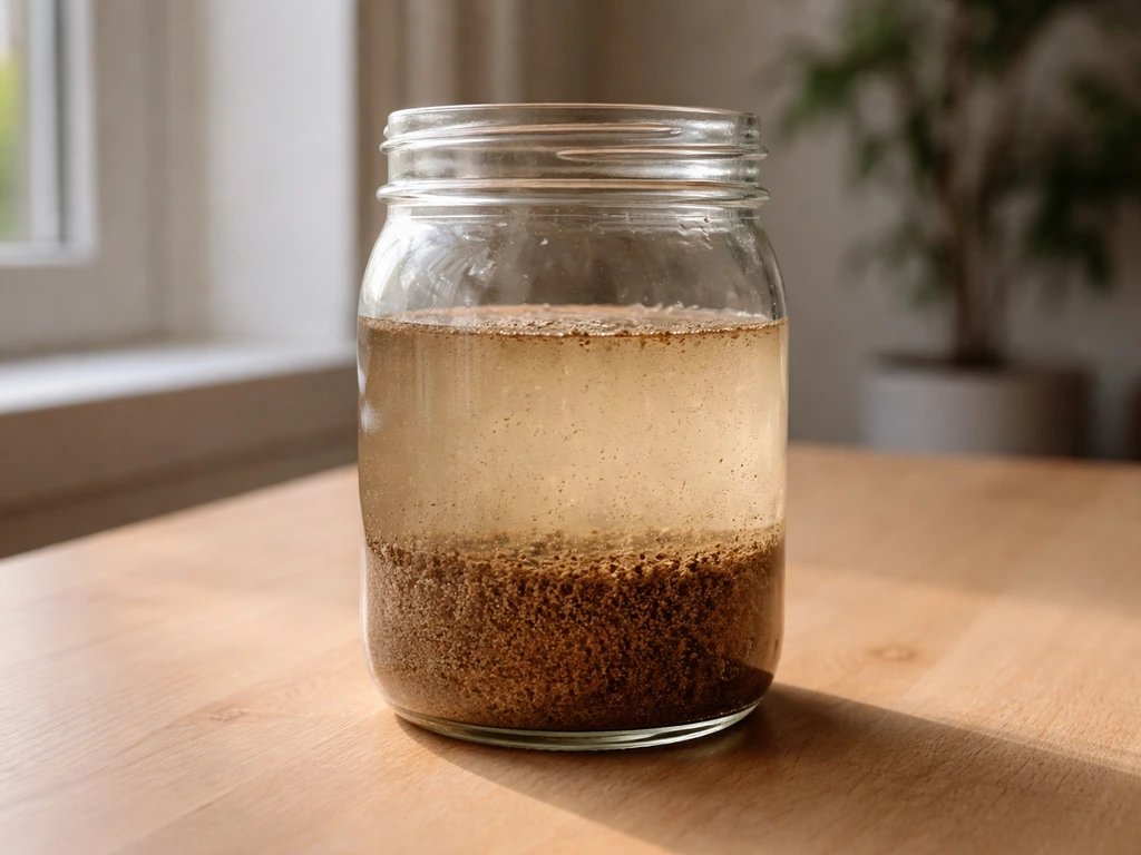 Bocal en verre avec terre et eau, séparation sableuse et fine visible après agitation.