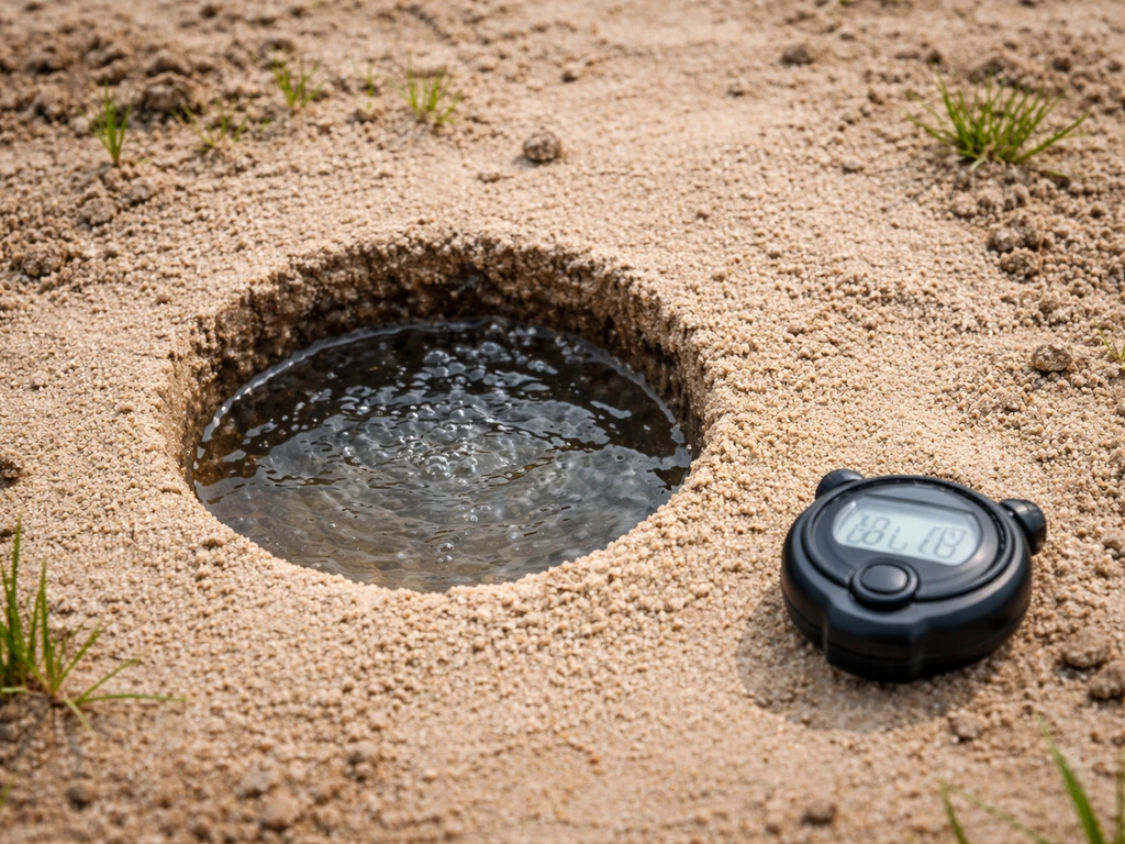 Trou de 30 cm dans du sable rempli d’eau en train de se vider, chronomètre au sol.