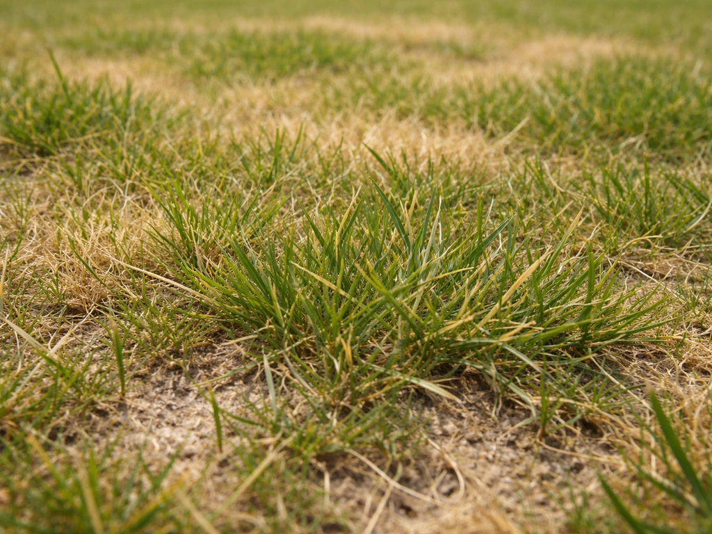Gros plan sur une pelouse avec zones jaunies et nervures vertes, sur sol sableux.