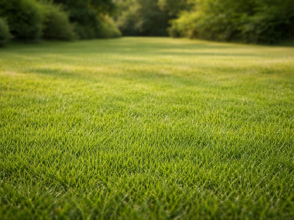 Pelouse de jardin avec herbe dense au printemps et texture plus calme ensuite, lumière naturelle.