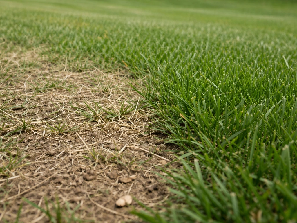 Gazon tondu trop ras : sol clair et tiges blanches visibles, au premier plan, sur un terrain légèrement vallonné