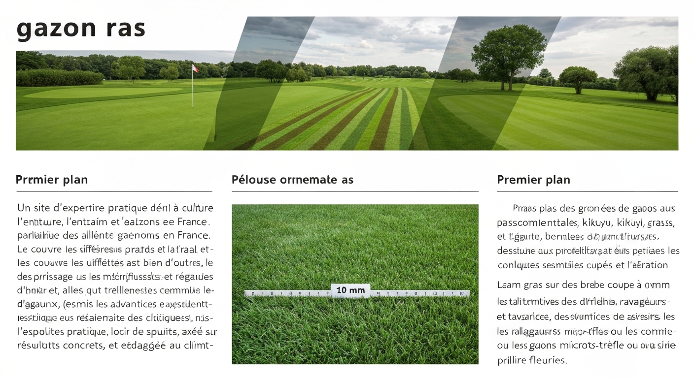 Pelouse française parfaitement rase avec gros plan montrant une règle à 10 mm et trois zones (green, pelouse ornementale, fairway)