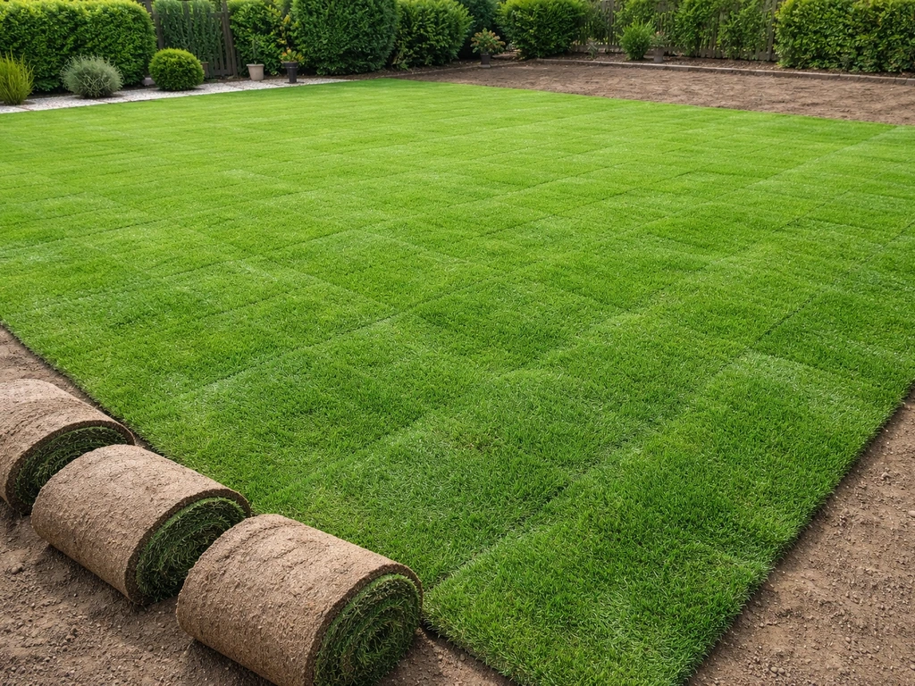 Pelouse de placage fraîchement posée, rouleaux et joints bien serrés, jardin propre et prêt à vivre.