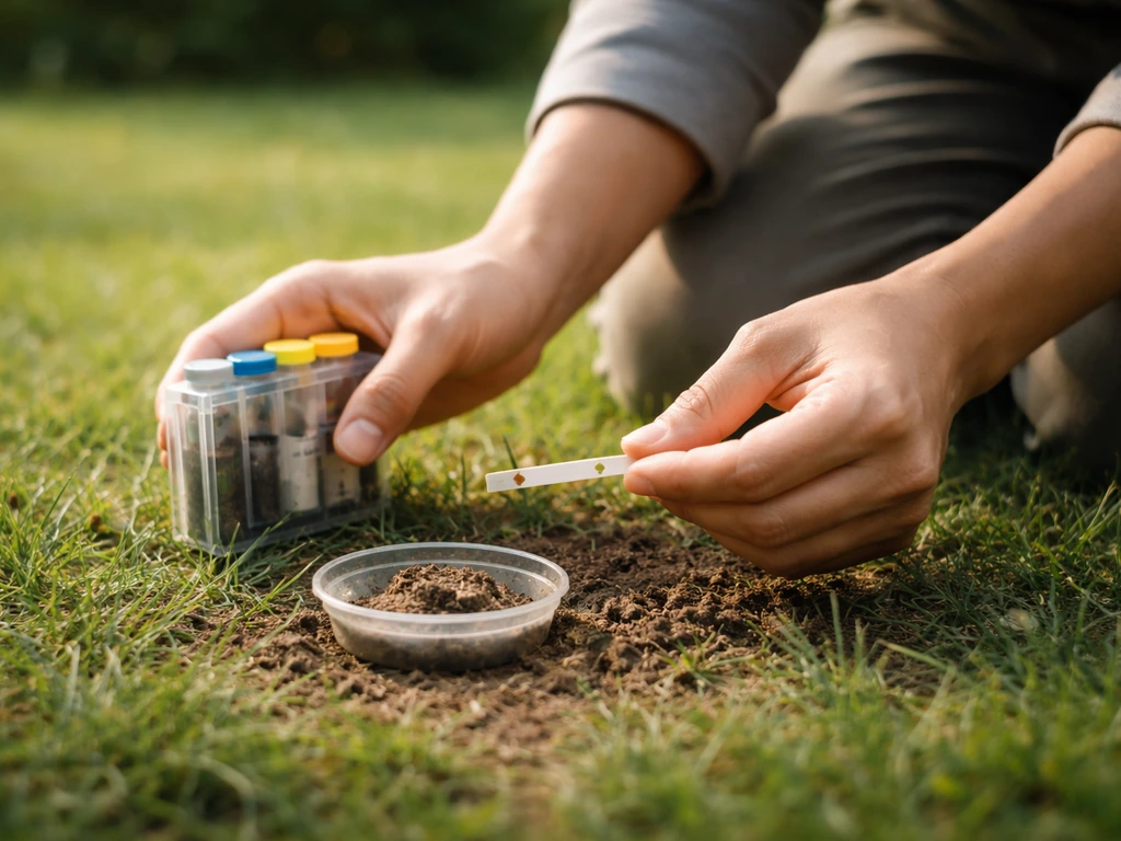 Jardinier mesure le pH du sol d’une pelouse avec un kit, avant un éventuel chaulage.