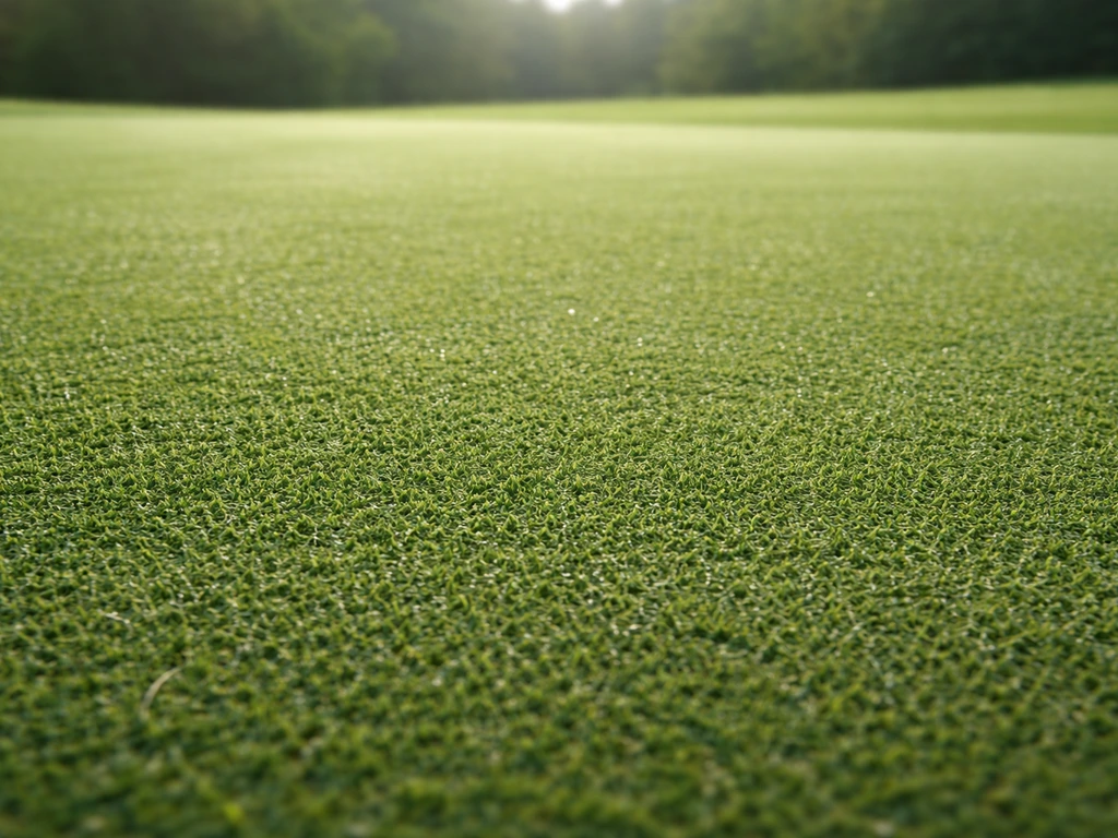Gazon de green de golf très ras (3–6 mm), dense et uniforme, gros plan sur la texture.