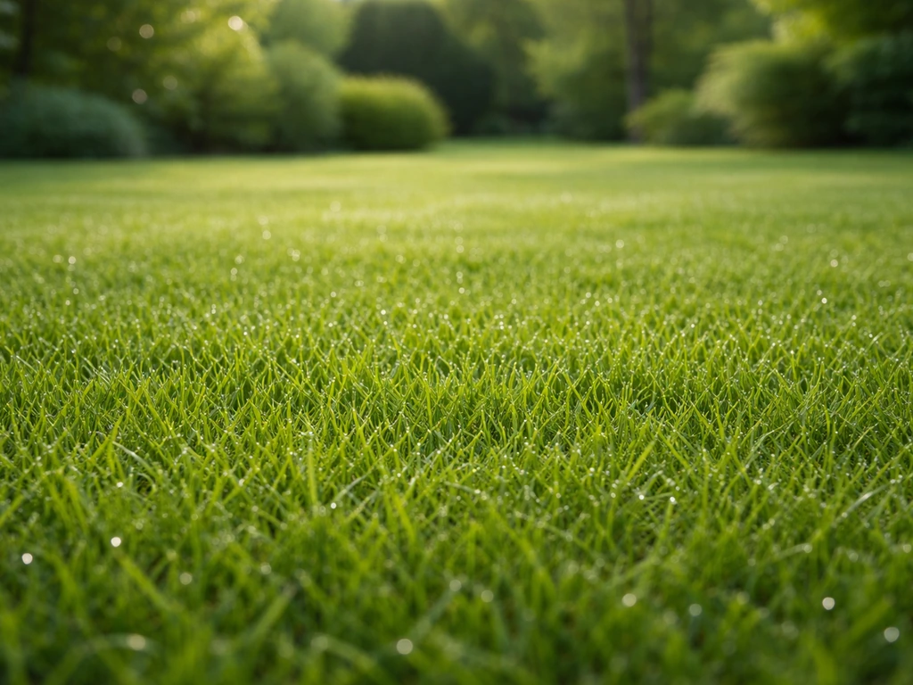 Pelouse dense et uniforme, brins de gazon visibles avec une légère rosée, jardin privé flou en arrière-plan.