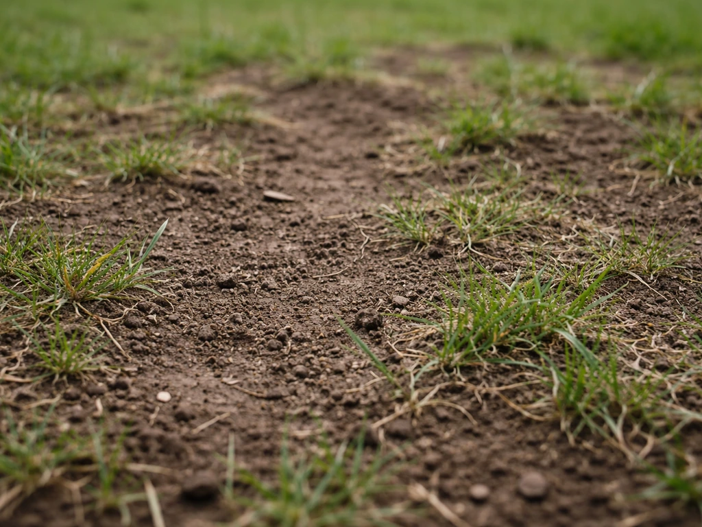 Gros plan d’une pelouse clairsemée avec des zones à nu où l’on voit la terre entre les brins d’herbe.