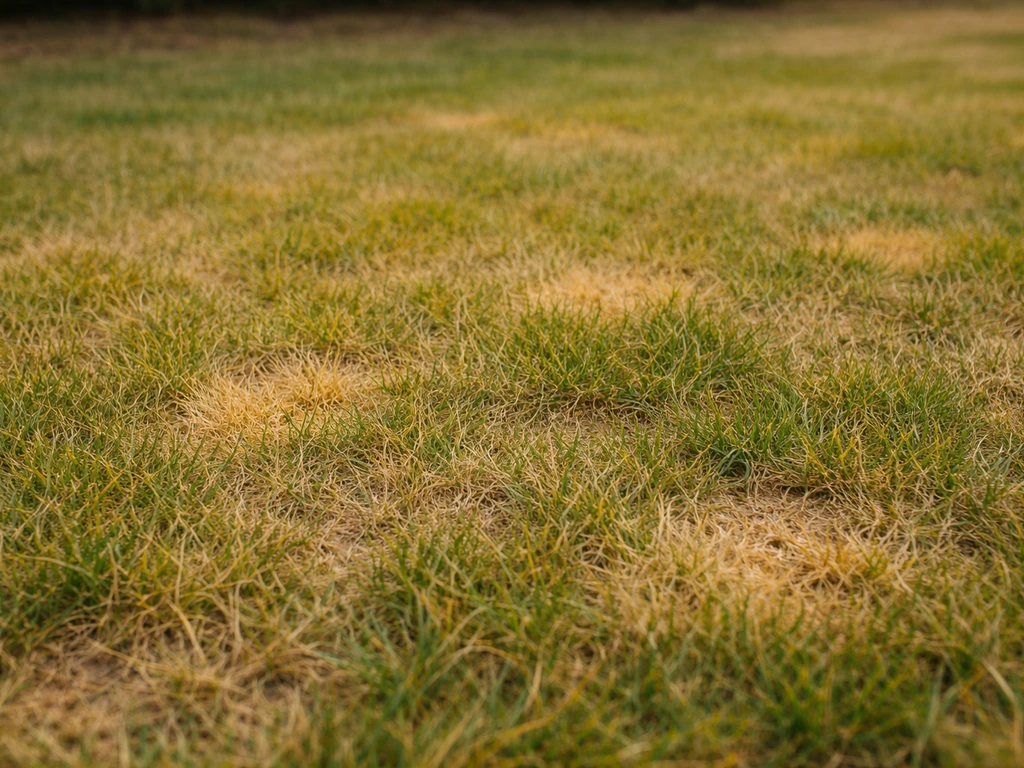 Pelouse avec jaunissement général et taches jaunes localisées, vue au ras du sol.