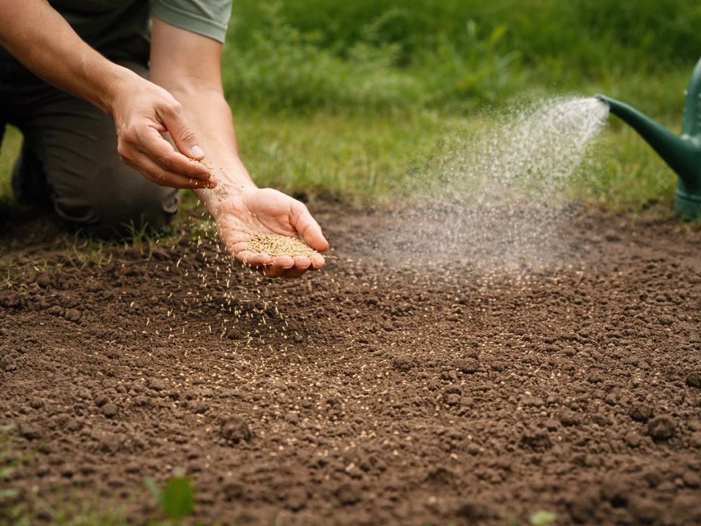 Épandage de graines de pelouse sur une terre préparée, puis arrosage léger pour la mise en place.