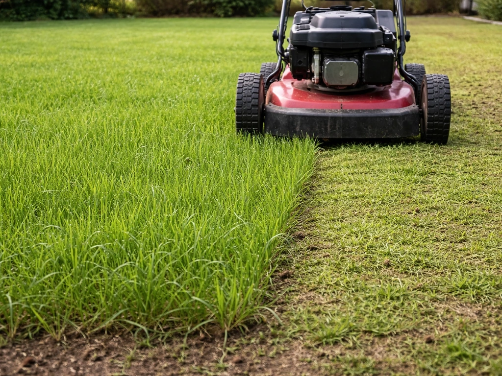 Tondeuse réglée pour la première tonte sur jeunes pousses de gazon, coupe nette et hauteur proche de 50 mm.
