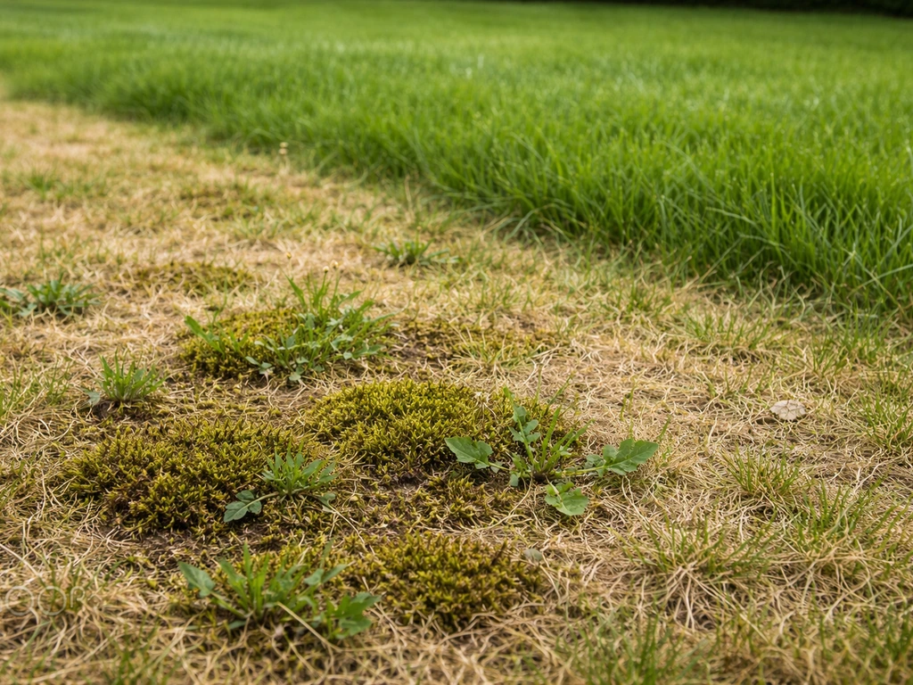 Gros plan d’une pelouse rase envahie par mousse et mauvaises herbes, contrastant avec une zone saine plus verte.