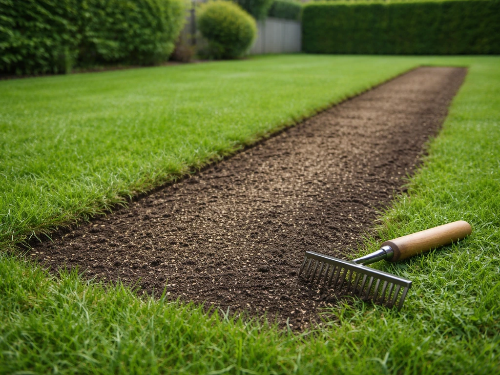 Gazon regarni avec une zone scarifiée, semis visibles et outil de jardin posé près du sol.