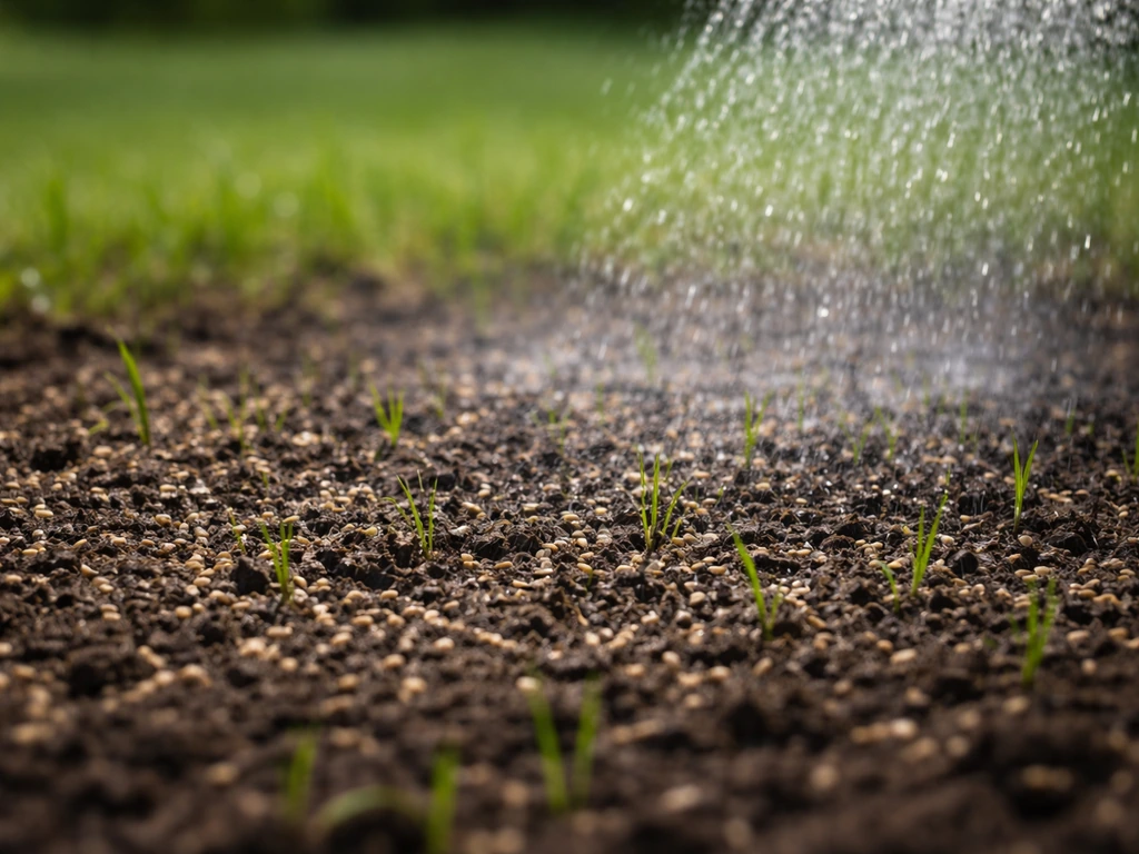 Pelouse fraîchement ressemée : terre fine, graines au sol, jeunes pousses naissantes et pluie fine d’arrosage.