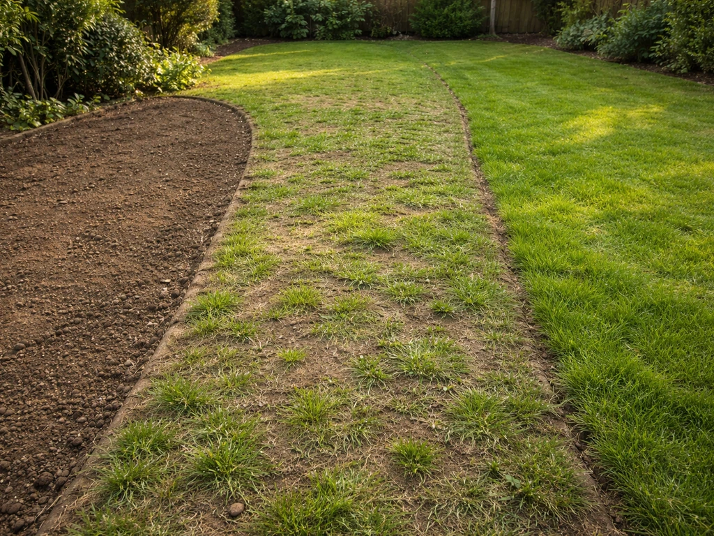 Jardin avec trois zones distinctes : sol nu à semer, pelouse clairsemée à regarnir, gazon dense à sursemer.