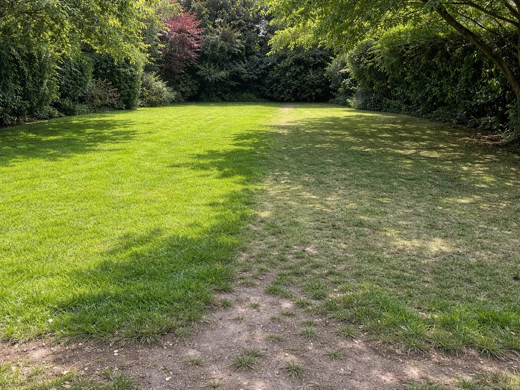 Jardin minimal montrant une zone ensoleillée et une zone ombragée avec traces de piétinement sur la pelouse.