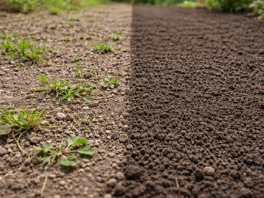 Potager avant/après : sol désherbé et griffé, prêt à accueillir des graines de gazon