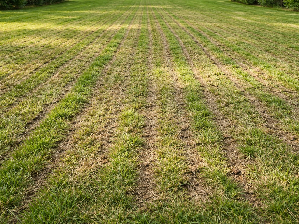 Pelouse existante tondues puis légèrement scarifiée, vue sur le sol griffé prêt à recevoir des graines.
