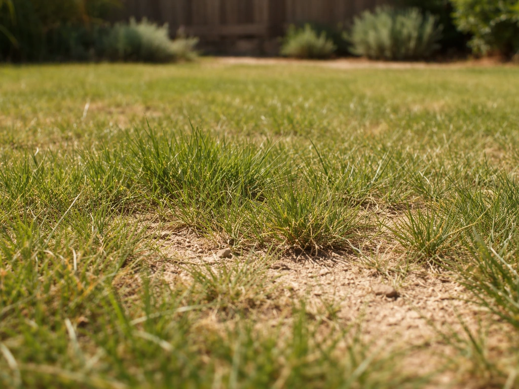 Pelouse de gazon sud en été, herbe partiellement plus haute et sol légèrement sec sous un soleil intense.