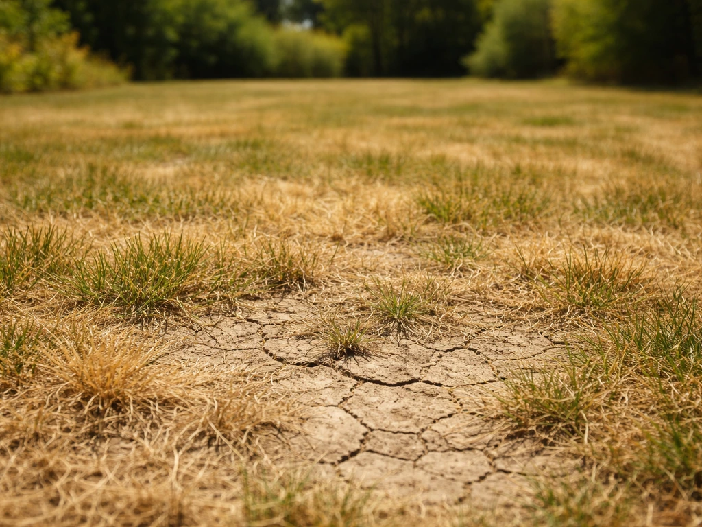 Pelouse au plein soleil, zones jaunies et sol fissuré indiquant une chaleur extrême