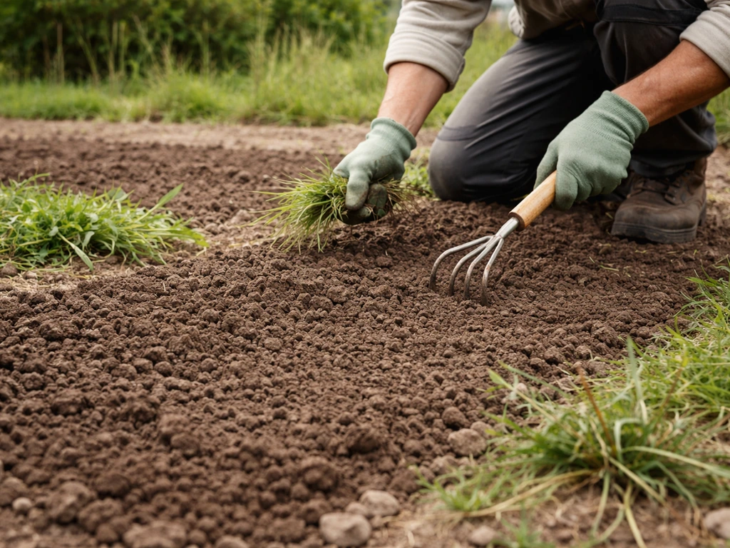 Potager en préparation : sol émietté et nivelé après travail, mauvaises herbes arrachées visibles au premier plan.