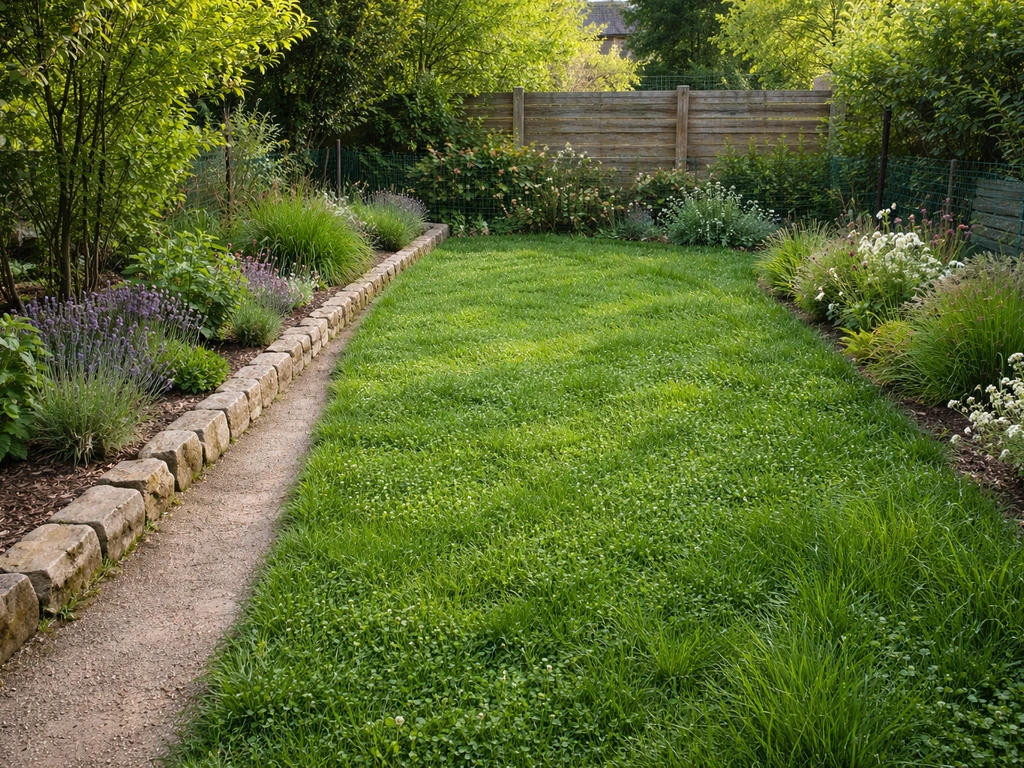 Jardin français avec une zone de gazon alternatif bien dense bordant une allée.