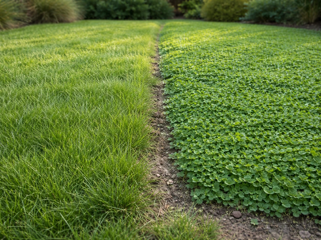 Deux zones de jardin côte à côte : fétuques fines à gauche, micro-trèfle plus feuillu à droite.