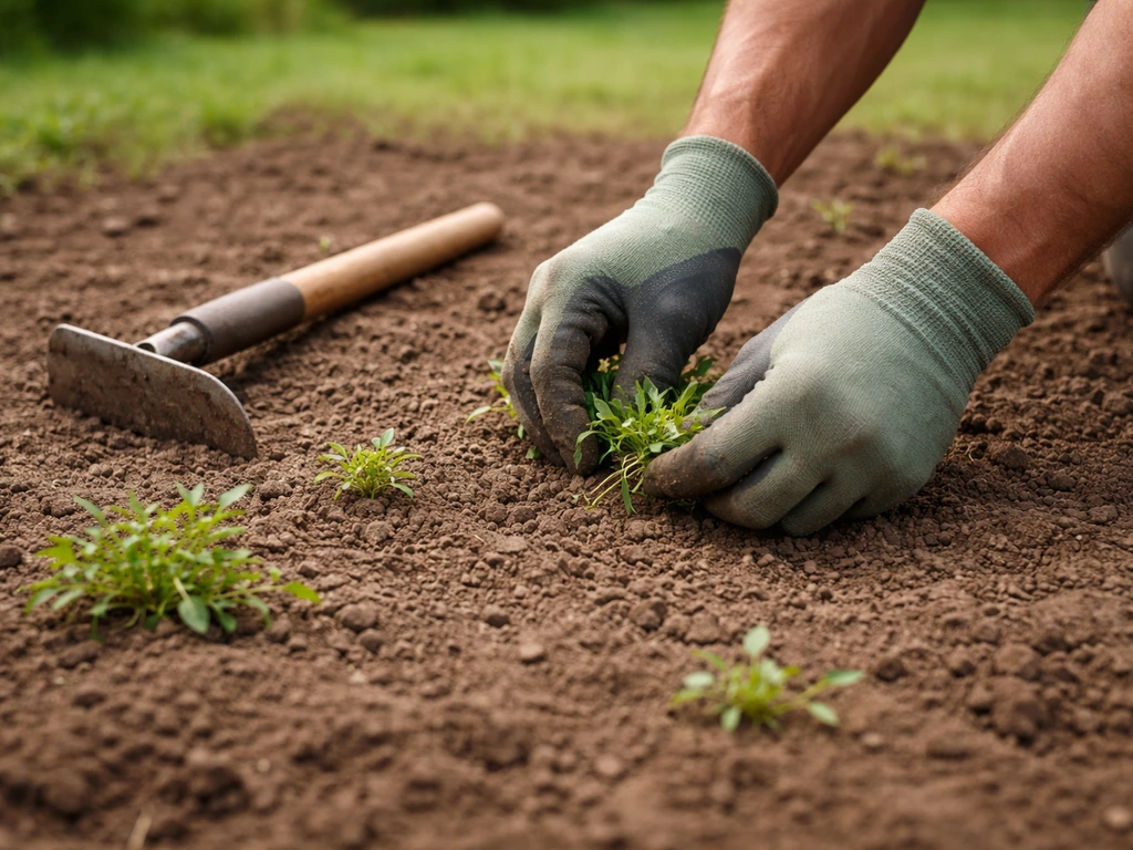 Arrachage manuel de jeunes mauvaises herbes sur terre nue, avec binette et gants près d’une zone de pelouse en préparati