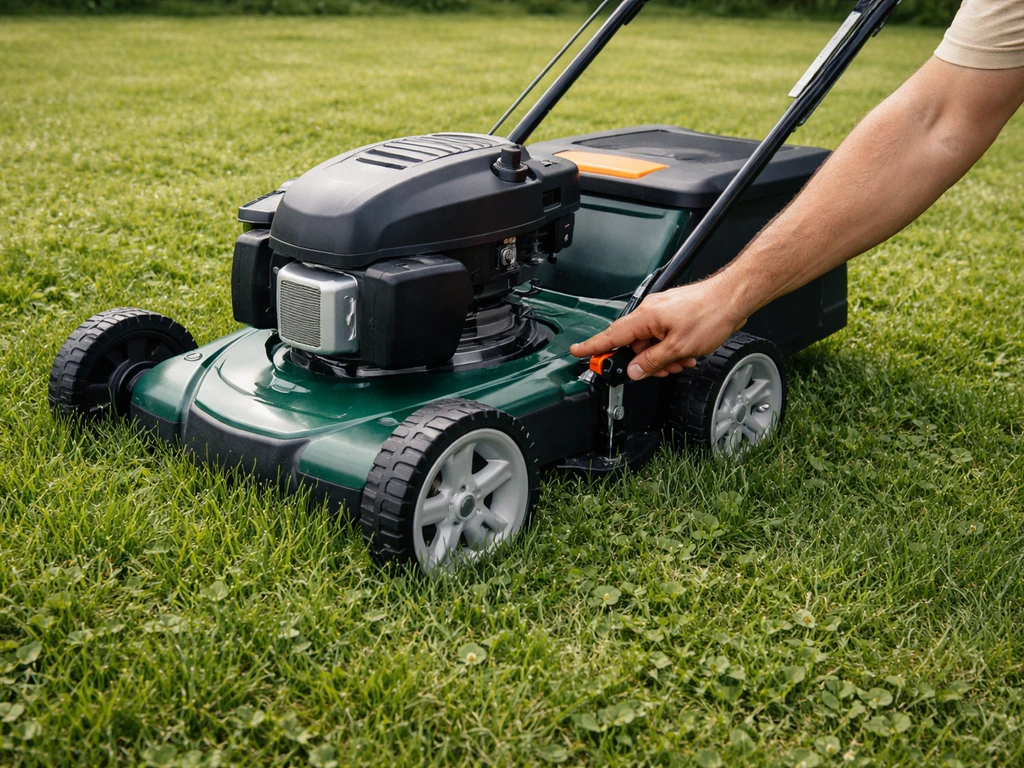 Main réglant une tondeuse sur un gazon alternatif, hauteur de coupe visible, tonte plus haute et moins fréquente.